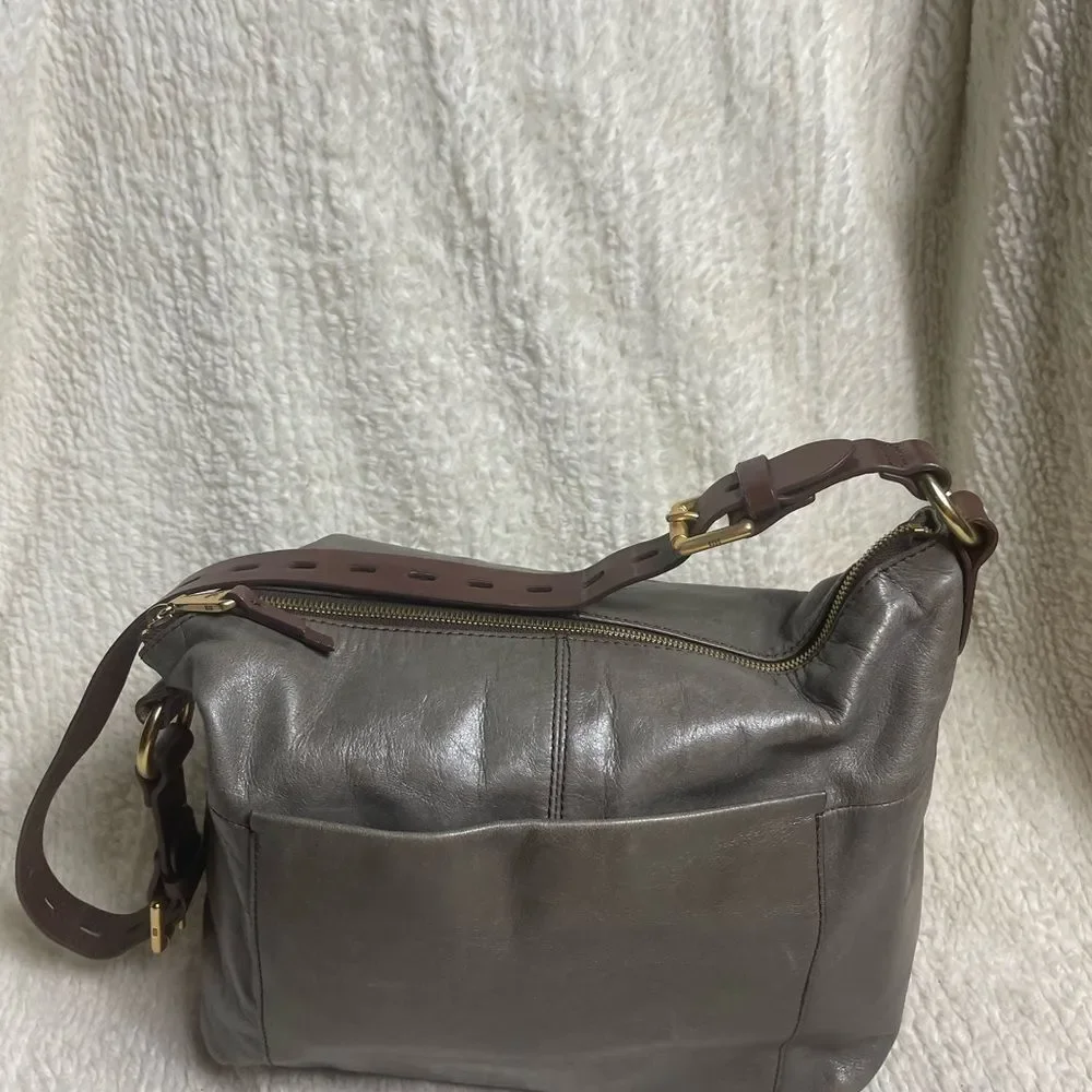 Hobo Leather Grayish green , Brown and Shoulder Bag with gold tone hardwares.